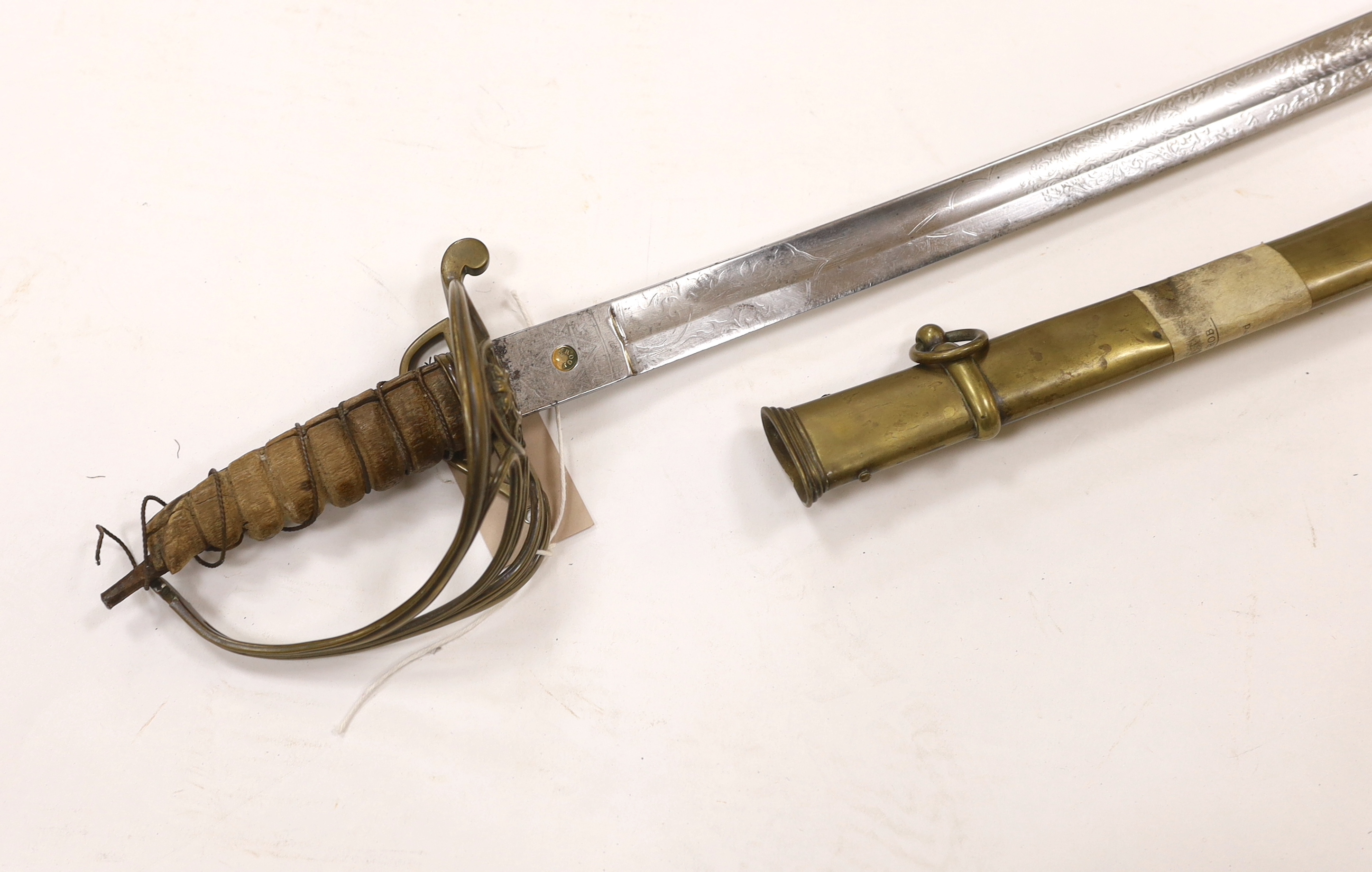 A scarce 1845 pattern infantry officer’s sword to the Penang Police, with regulation hilt, incomplete in its brass scabbard, blade 82cm